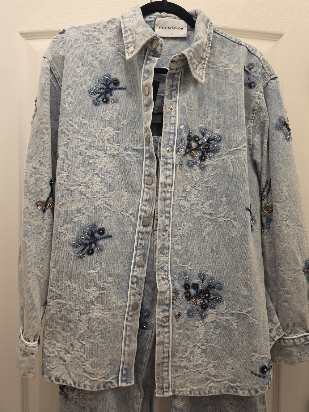 Light Blue Floral Embroidered-Lace detail Denim Shaket And Pant Set - Women-SM - Picture 7 of 16